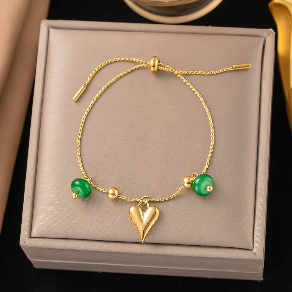 MYKI Gold-Plated Adjustable Heart Charm Bracelet with Green Beads – Anti-Tarnish(MKBRAD880G-SSYI)