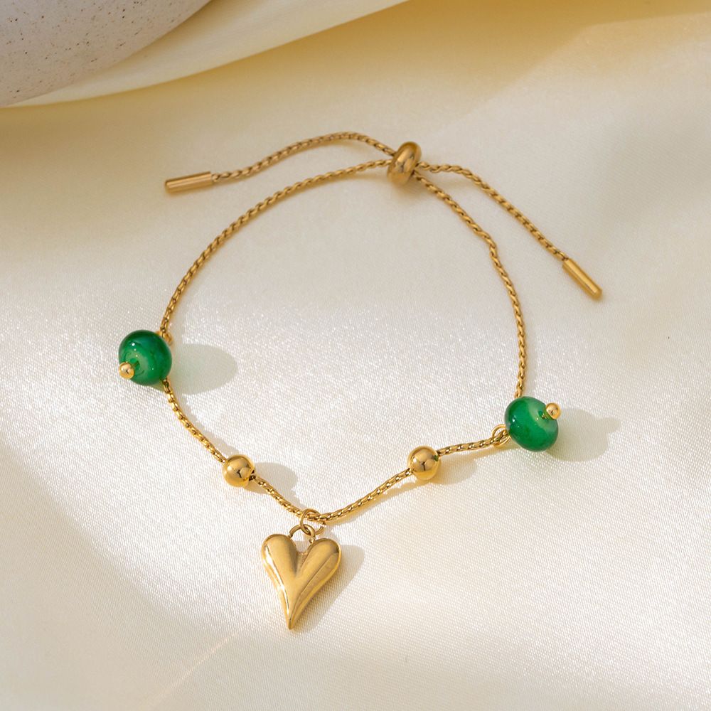 MYKI Gold-Plated Adjustable Heart Charm Bracelet with Green Beads – Anti-Tarnish(MKBRAD880G-SSYI)