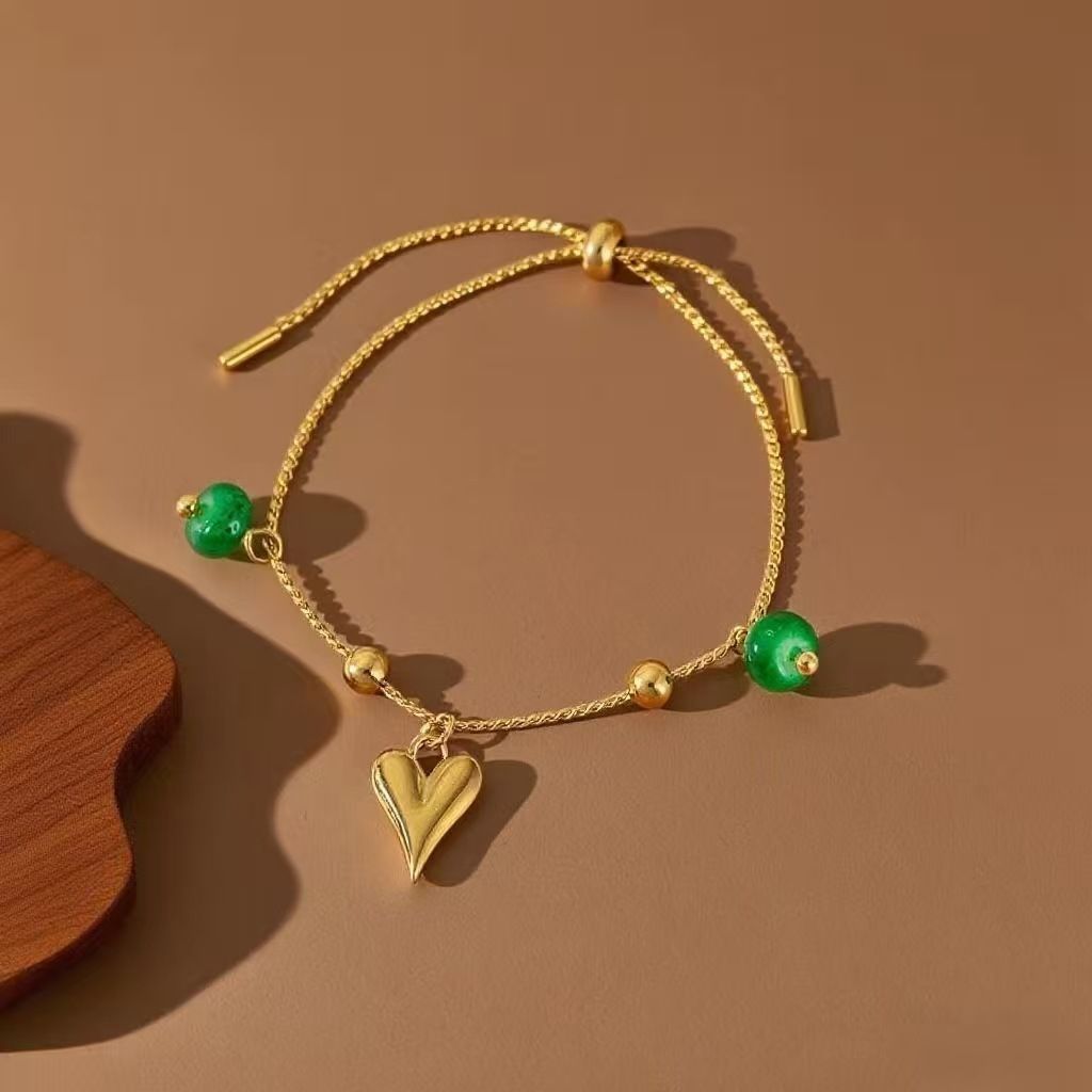 MYKI Gold-Plated Adjustable Heart Charm Bracelet with Green Beads – Anti-Tarnish(MKBRAD880G-SSYI)
