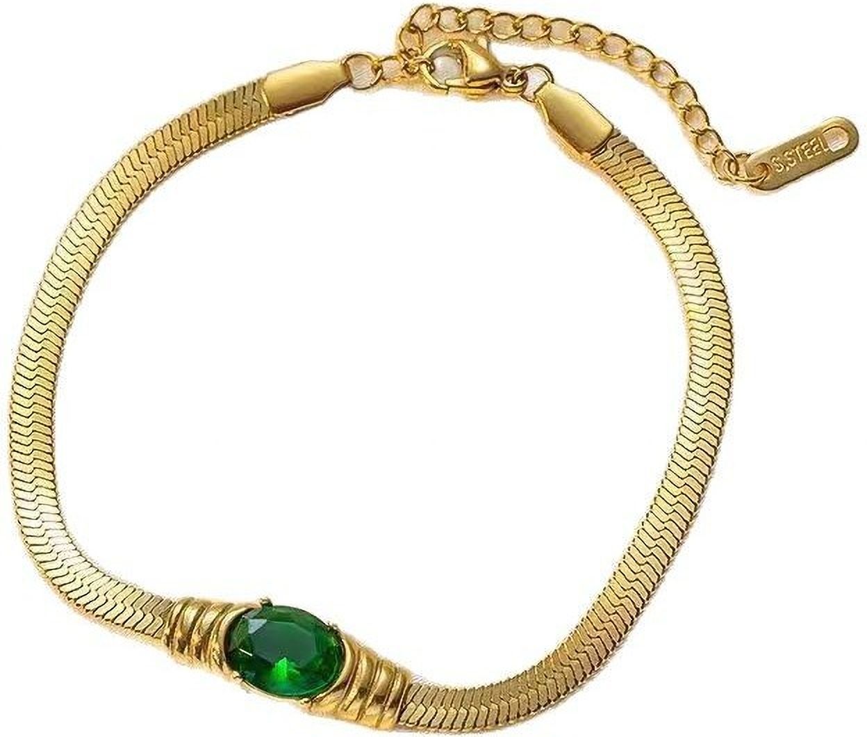 MYKI Gold-Plated Green Gemstone Herringbone Bracelet – Anti-Tarnish Elegant Design(MKBRAD881G-SSYI)