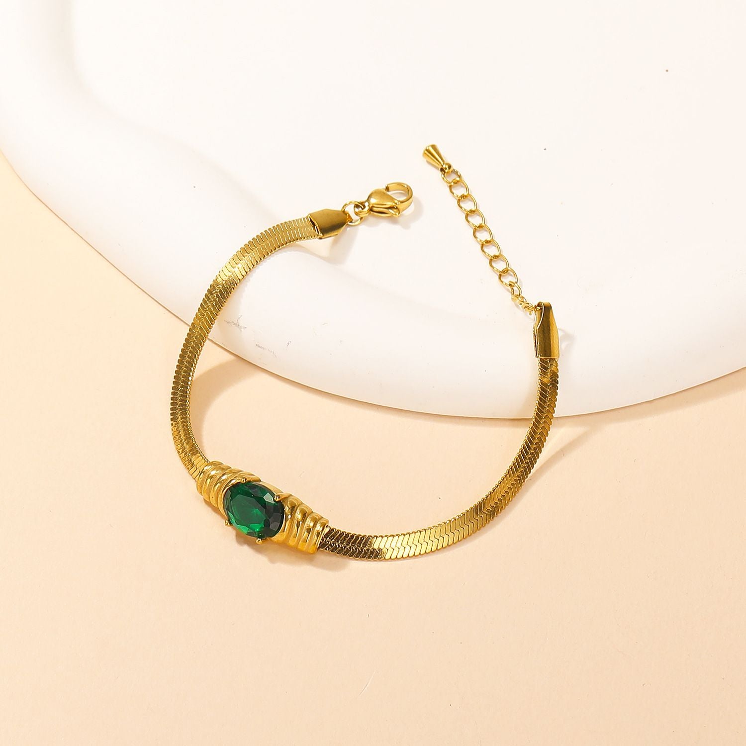 MYKI Gold-Plated Green Gemstone Herringbone Bracelet – Anti-Tarnish Elegant Design(MKBRAD881G-SSYI)