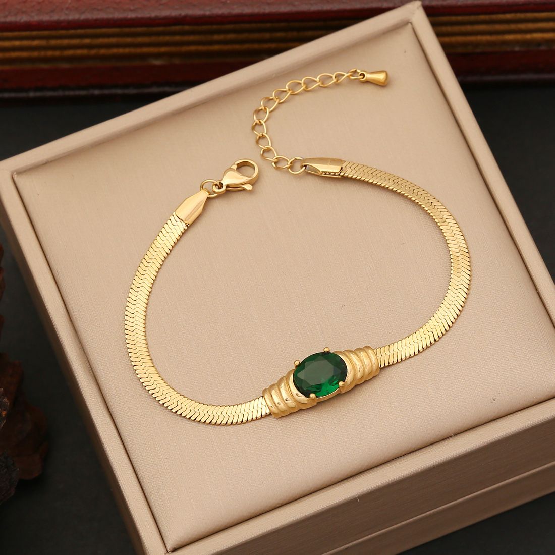 MYKI Gold-Plated Green Gemstone Herringbone Bracelet – Anti-Tarnish Elegant Design(MKBRAD881G-SSYI)