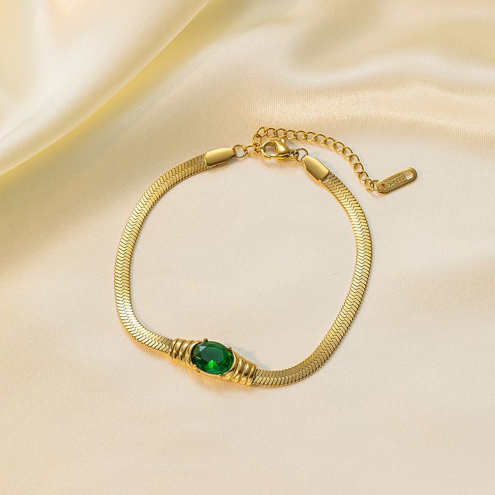 MYKI Gold-Plated Green Gemstone Herringbone Bracelet – Anti-Tarnish Elegant Design(MKBRAD881G-SSYI)