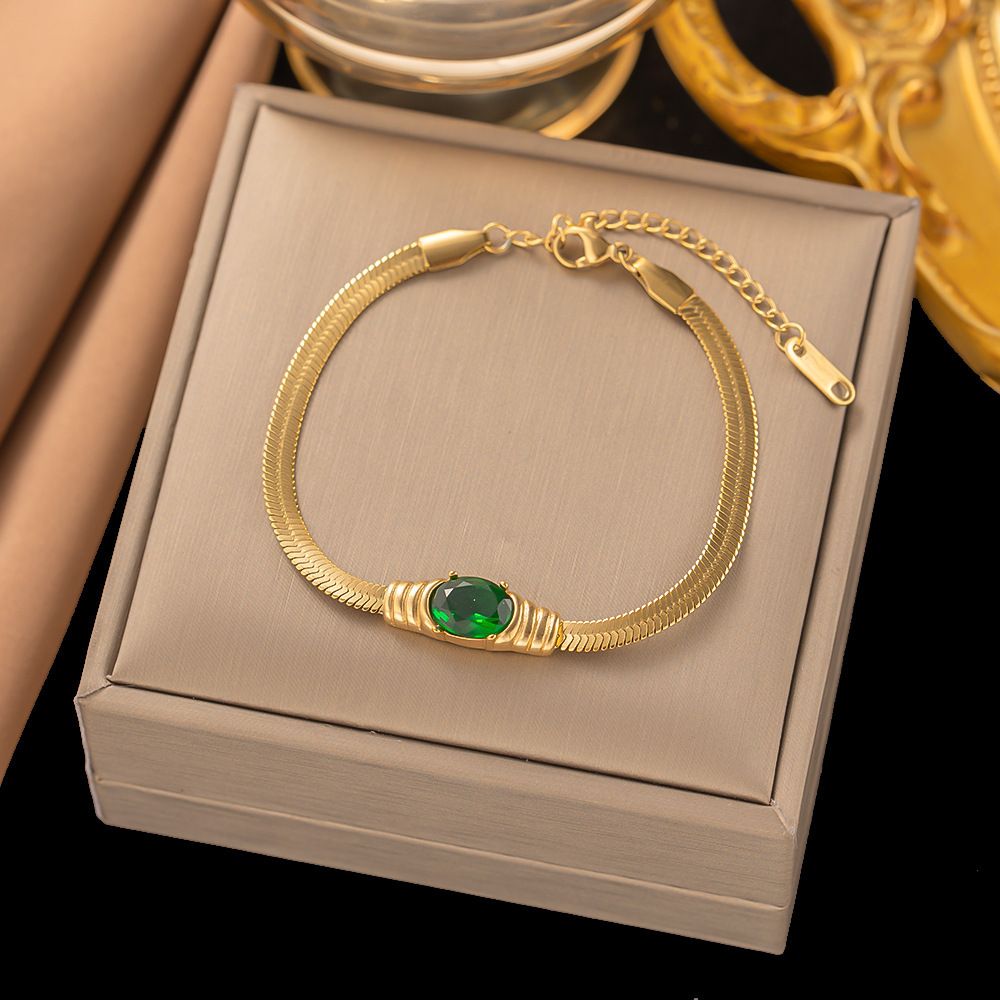 MYKI Gold-Plated Green Gemstone Herringbone Bracelet – Anti-Tarnish Elegant Design(MKBRAD881G-SSYI)