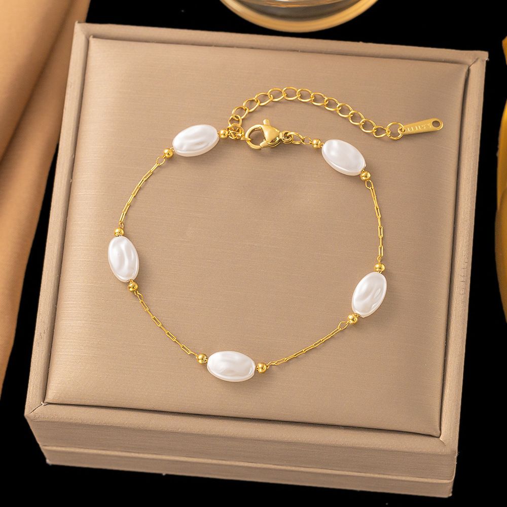 MYKI Gold-Plated Oval Pearl Bead Chain Bracelet – Anti-Tarnish Minimal Style(MKBRAD886G-SSYI)