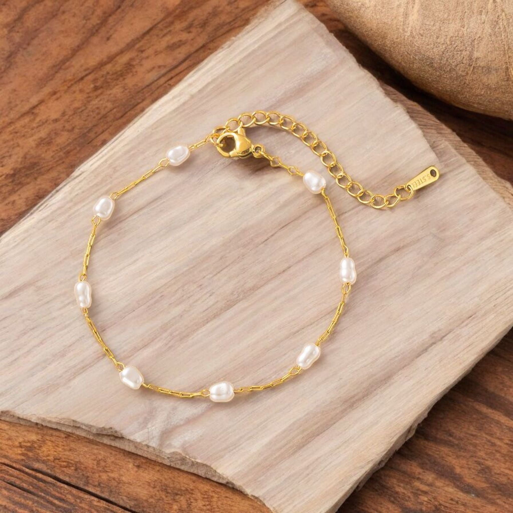 MYKI Gold-Plated Mini Pearl Bead Chain Bracelet – Anti-Tarnish Dainty Design(MKBRAD887G-SSYI)