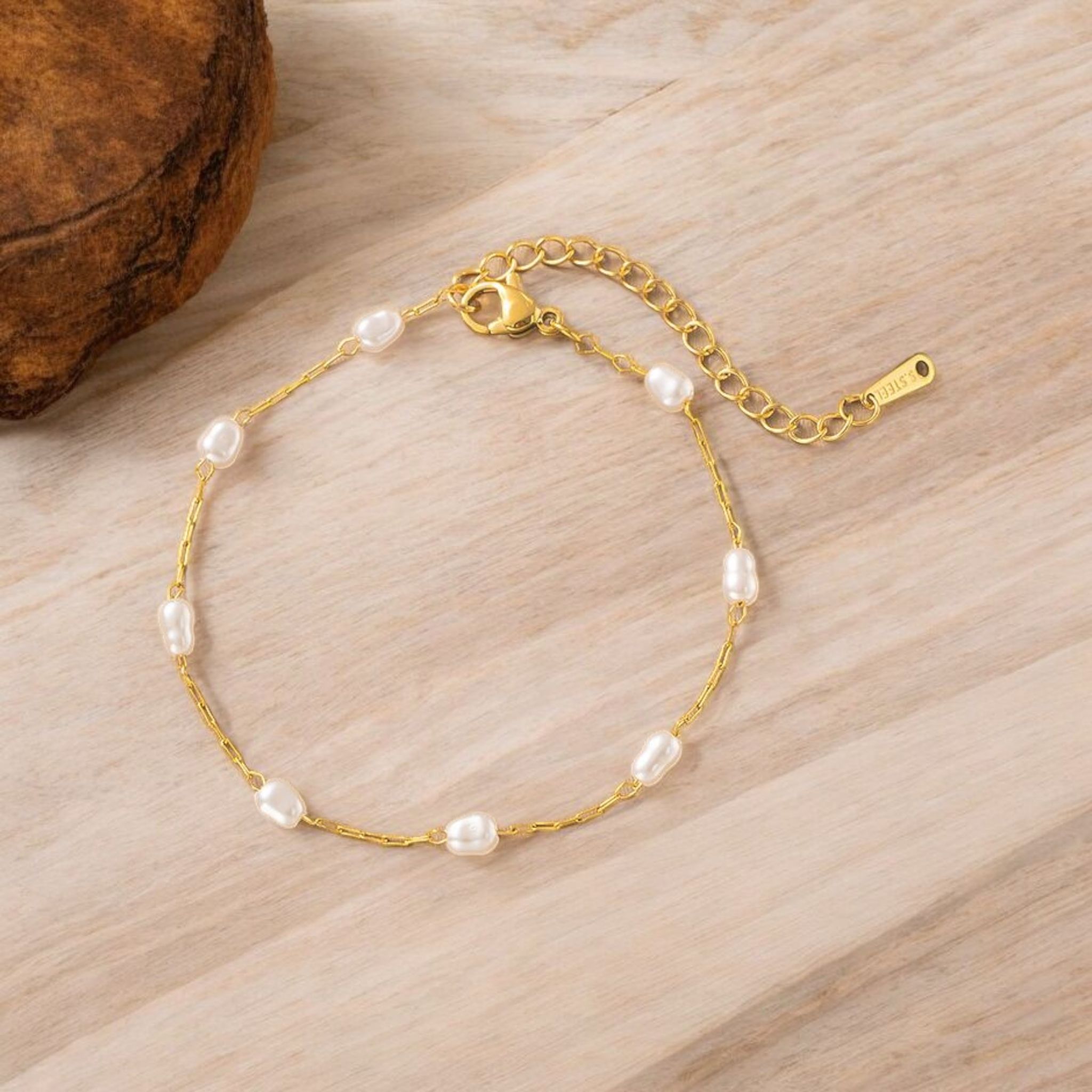 MYKI Gold-Plated Mini Pearl Bead Chain Bracelet – Anti-Tarnish Dainty Design(MKBRAD887G-SSYI)