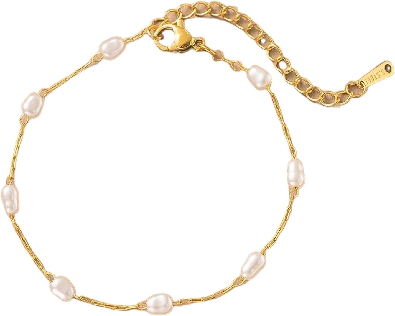 MYKI Gold-Plated Mini Pearl Bead Chain Bracelet – Anti-Tarnish Dainty Design(MKBRAD887G-SSYI)