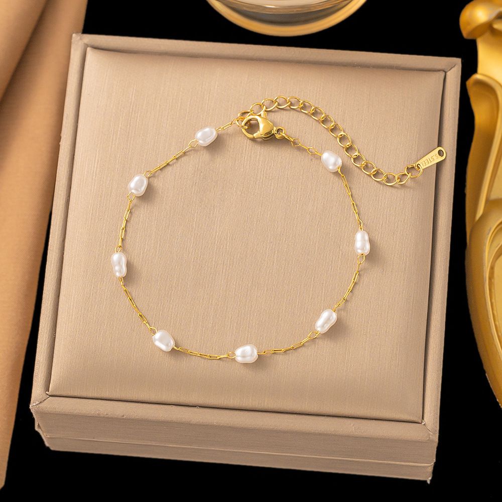 MYKI Gold-Plated Mini Pearl Bead Chain Bracelet – Anti-Tarnish Dainty Design(MKBRAD887G-SSYI)
