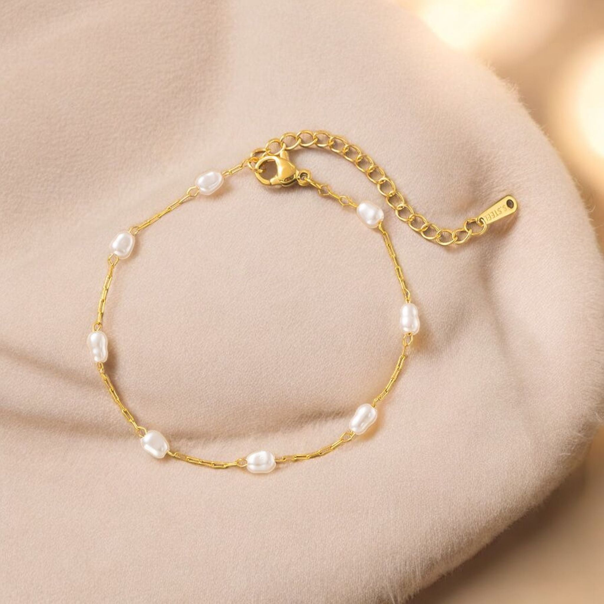 MYKI Gold-Plated Mini Pearl Bead Chain Bracelet – Anti-Tarnish Dainty Design(MKBRAD887G-SSYI)