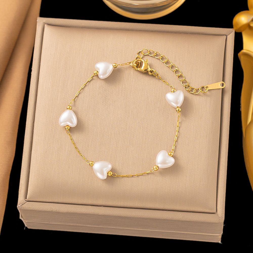 MYKI Gold-Plated Heart Pearl Bead Bracelet – Anti-Tarnish Cute Design(MKBRAD888G-SSYI)