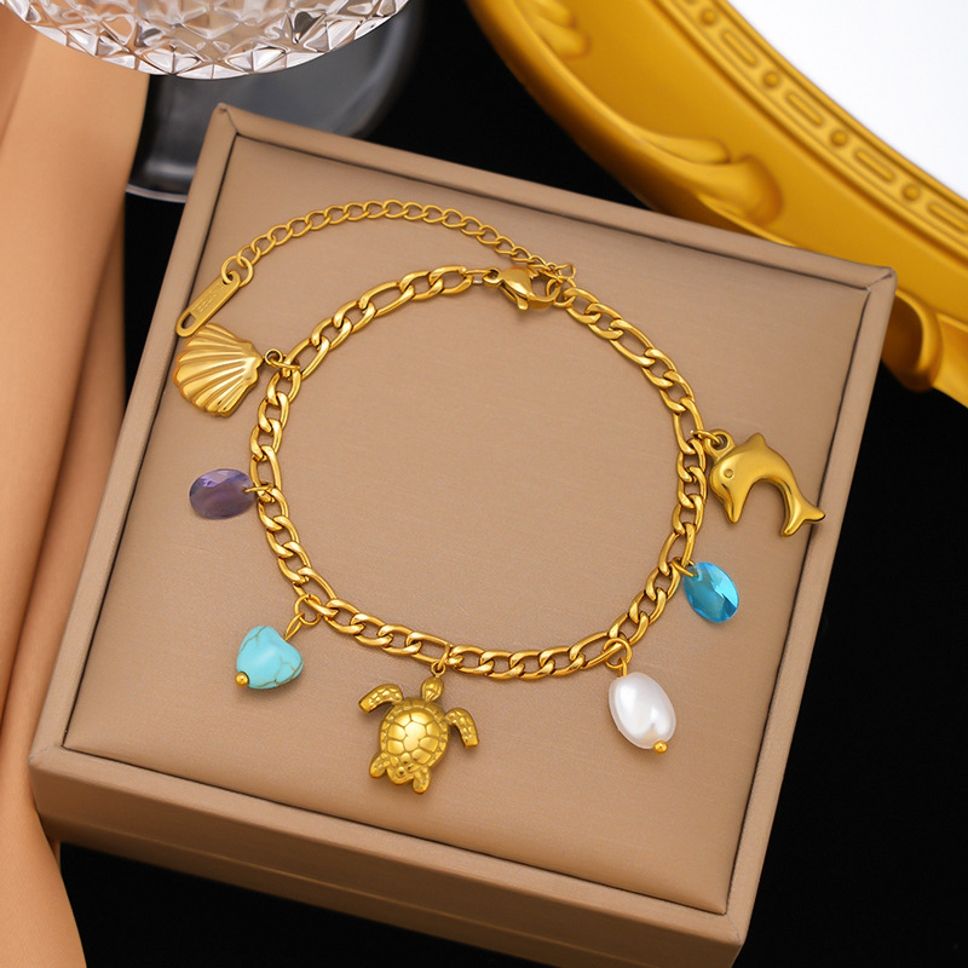 MYKI Gold-Plated Ocean Charm Bracelet with Shell, Turtle & Beads – Anti-Tarnish(MKBRAD889G-SSYI)