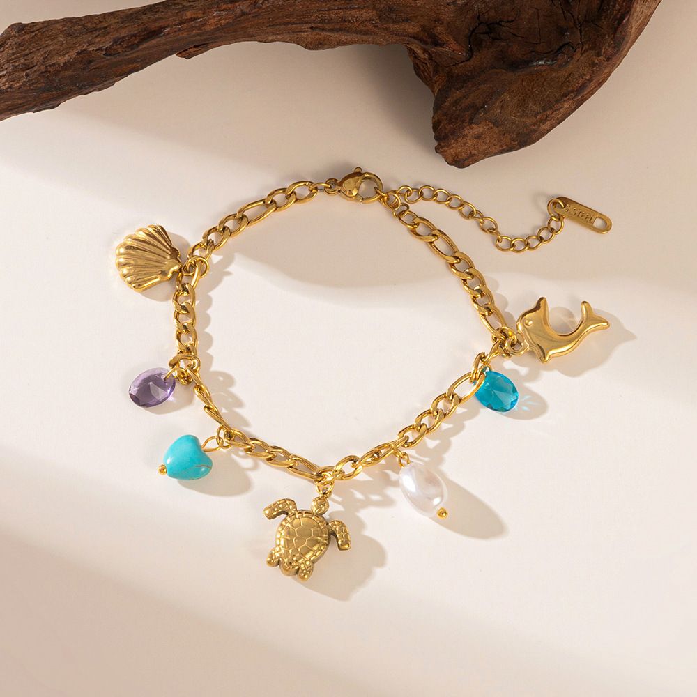 MYKI Gold-Plated Ocean Charm Bracelet with Shell, Turtle & Beads – Anti-Tarnish(MKBRAD889G-SSYI)