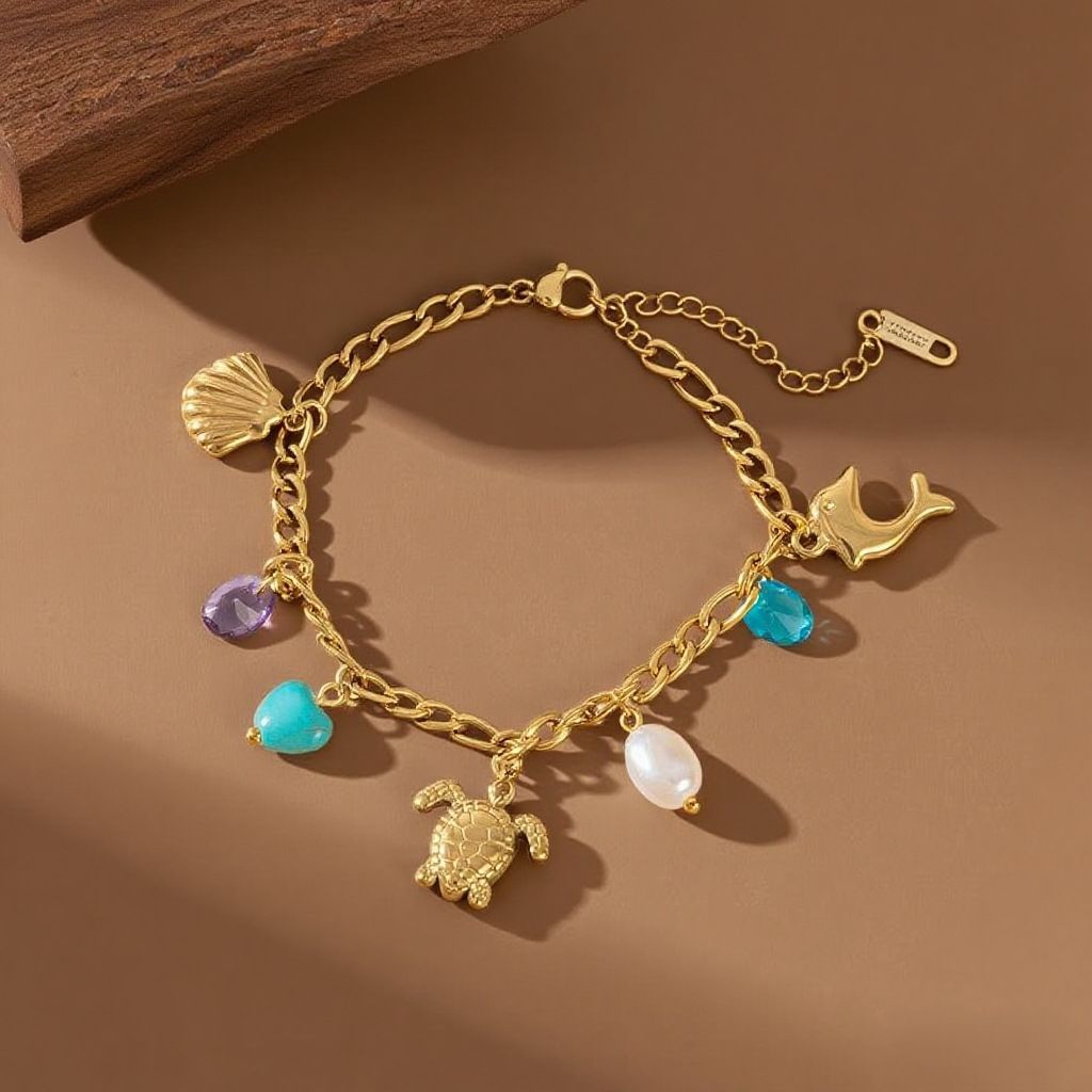 MYKI Gold-Plated Ocean Charm Bracelet with Shell, Turtle & Beads – Anti-Tarnish(MKBRAD889G-SSYI)