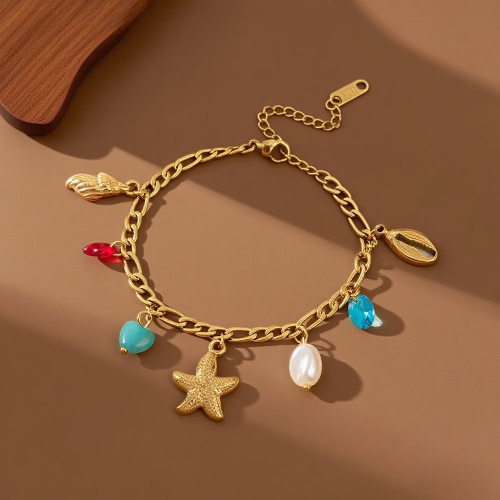 MYKI Gold-Plated Starfish & Sea Charms Bracelet – Anti-Tarnish Beach Style(MKBRAD890G-SSYI)