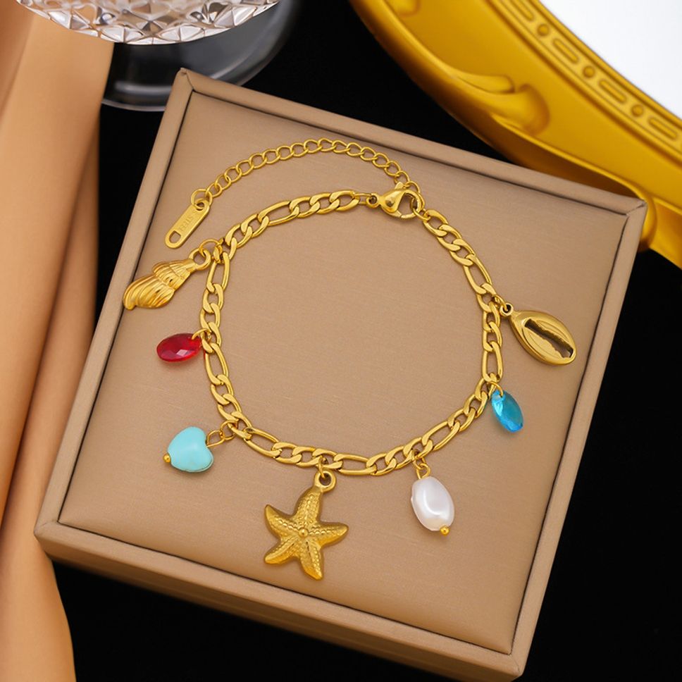 MYKI Gold-Plated Starfish & Sea Charms Bracelet – Anti-Tarnish Beach Style(MKBRAD890G-SSYI)