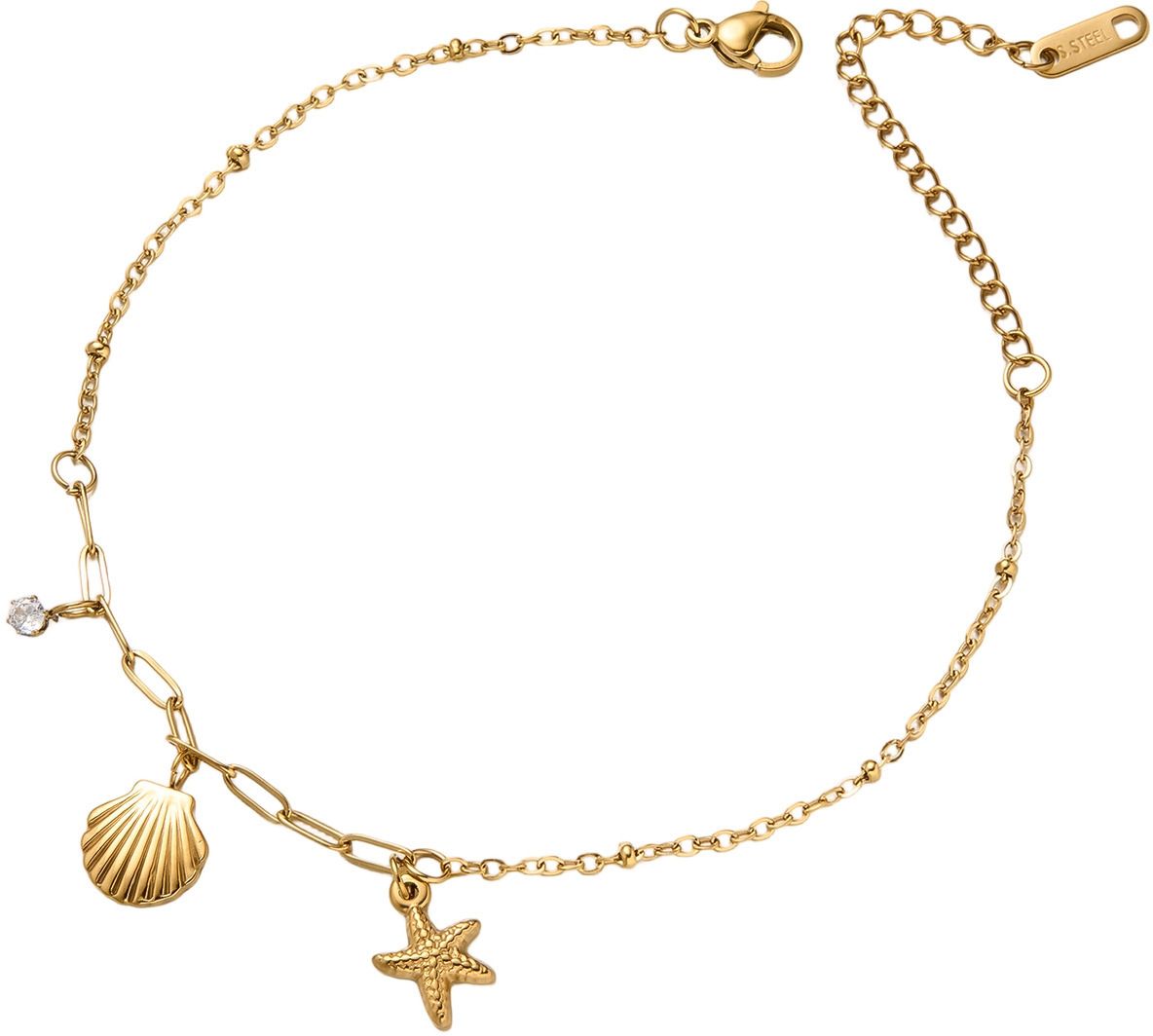 MYKI Gold-Plated Ocean Charm Bracelet with Starfish, Shell & Crystal – Anti-Tarnish Adjustable(MKBRAD894G-SSYI)