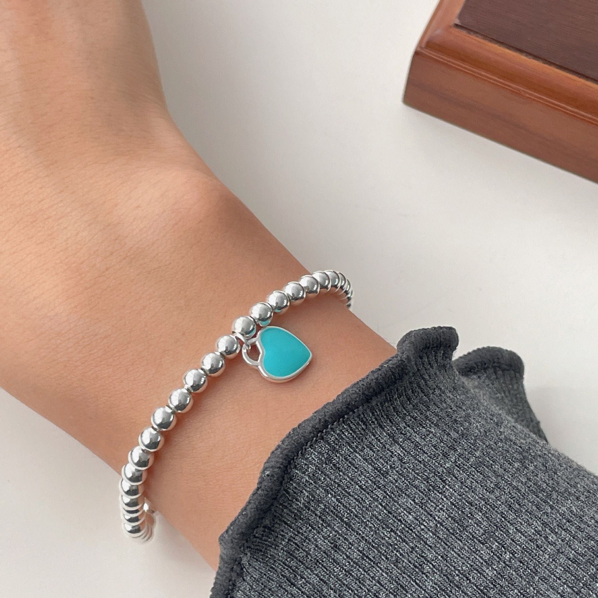 MYKI Elegant Silver Beaded Bracelet Heart Charm (MKBRAD545)