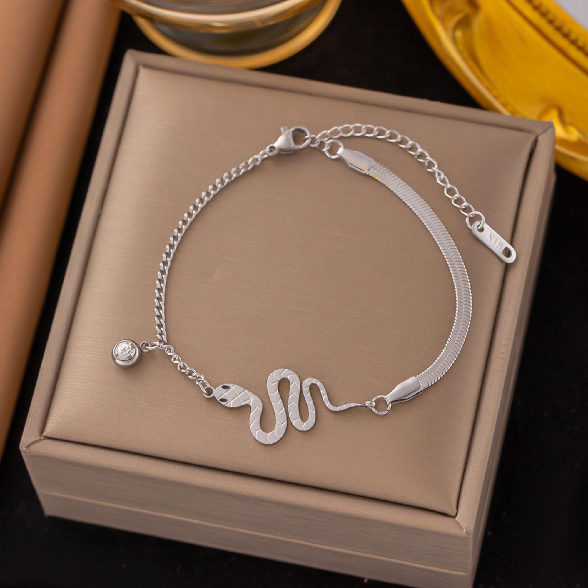 MYKI Stainless Steel Snake Charm Bracelet with CZ Pendant(MKBRAD770-SSYI)
