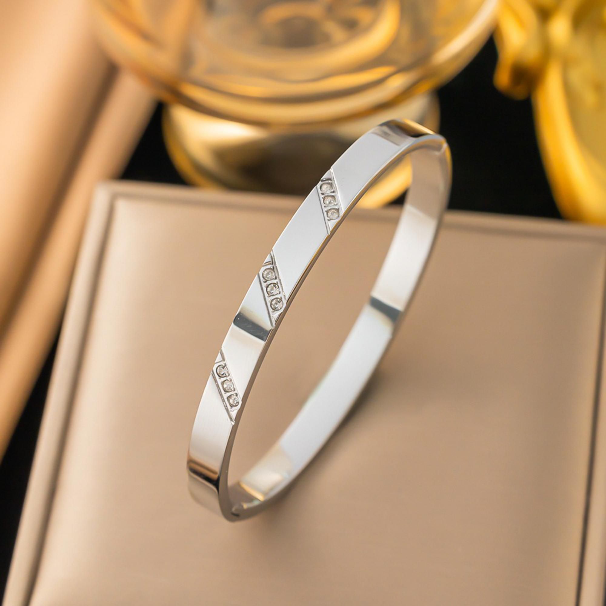 MYKI Stainless Steel CZ Diagonal Engraved Bangle | Anti-Tarnish(MKBRAD777-SSYI)