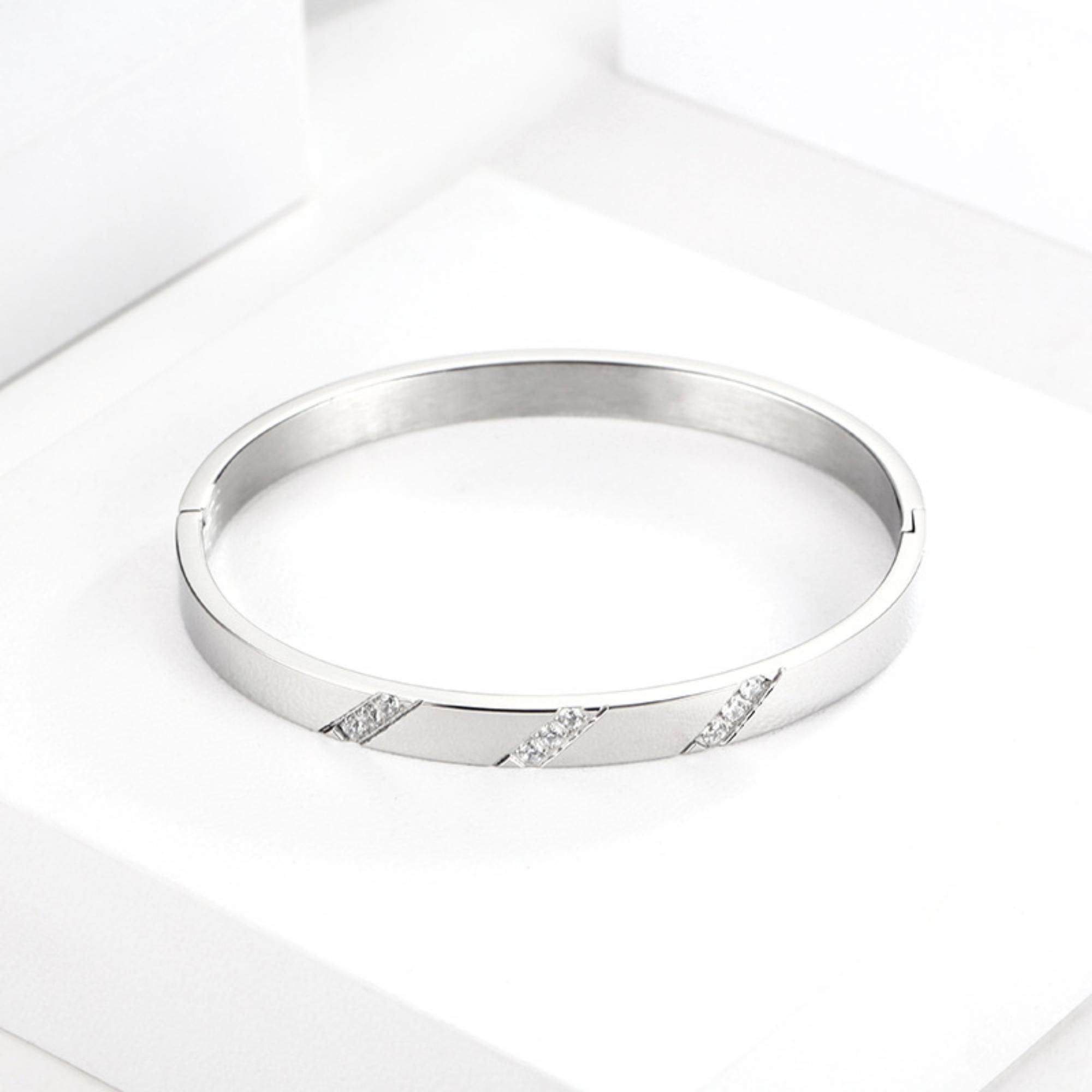 MYKI Stainless Steel CZ Diagonal Engraved Bangle | Anti-Tarnish(MKBRAD777-SSYI)