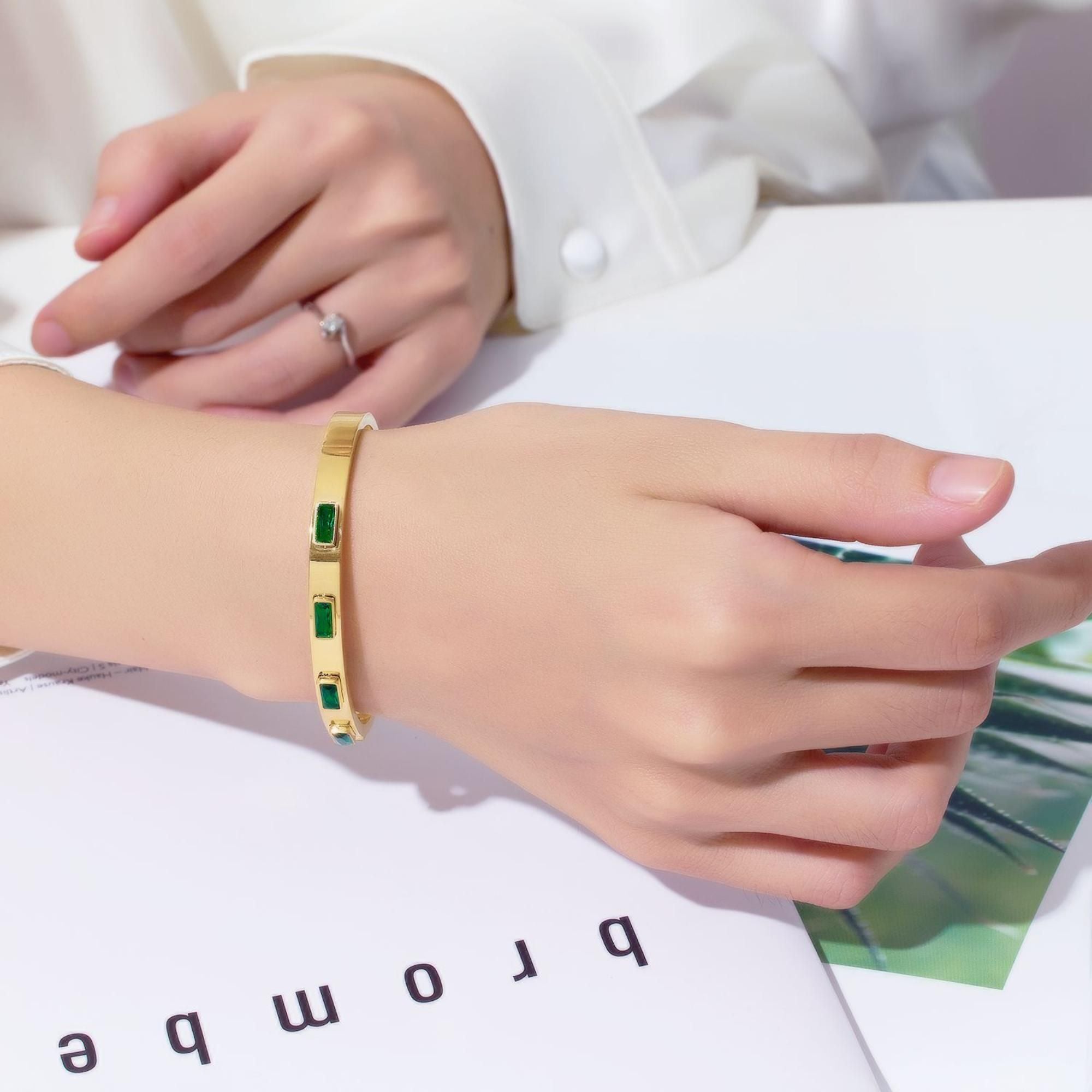 MYKI Baguette Stone Gold Plated Bangle Bracelet| Anti-Tarnish(MKBRAD778G-SSYI)