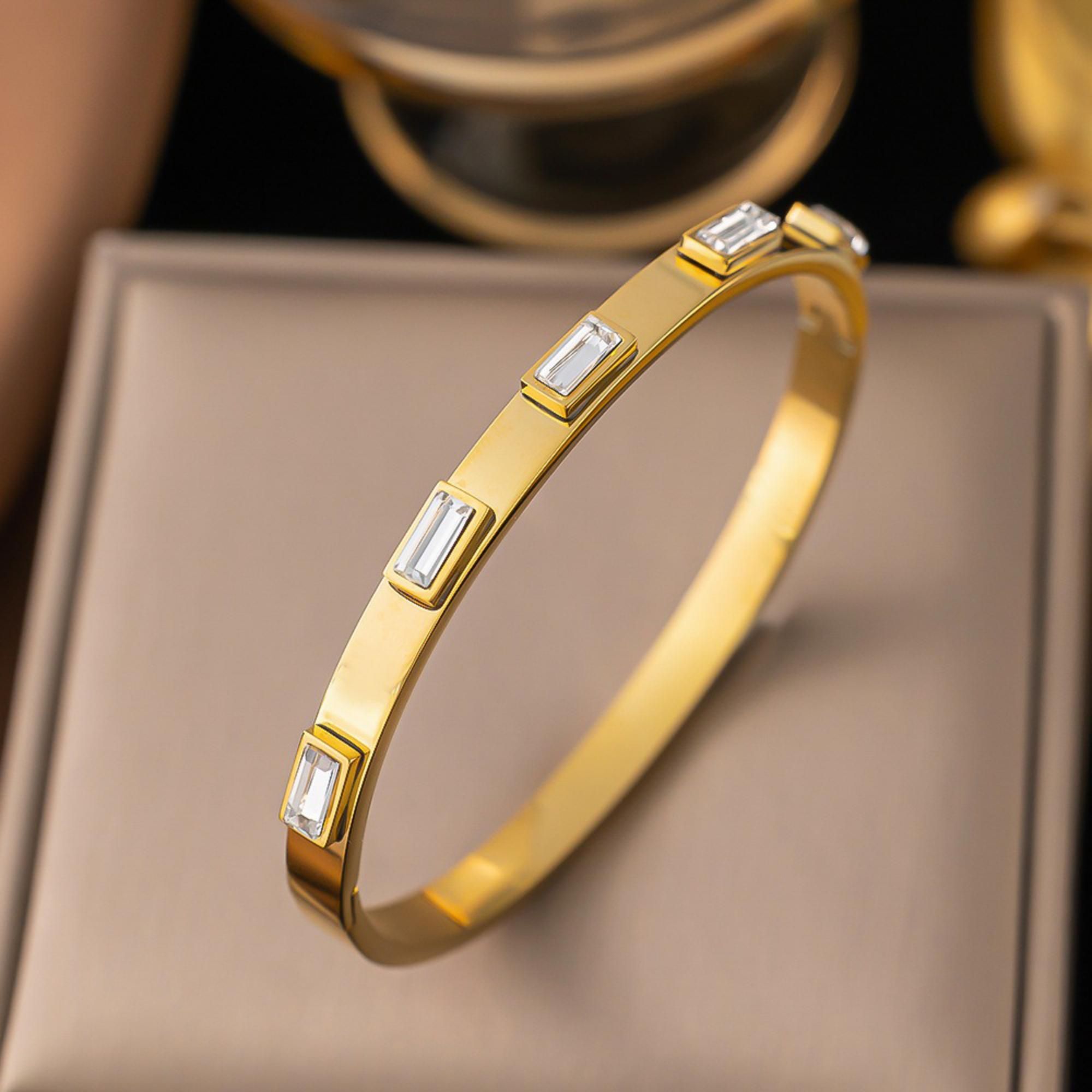 MYKI Baguette Stone Gold Plated Bangle Bracelet| Anti-Tarnish(MKBRAD778G-SSYI)