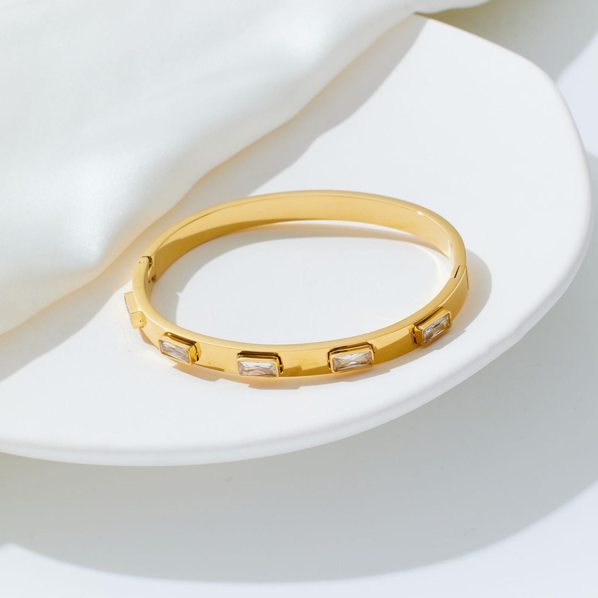 MYKI Baguette Stone Gold Plated Bangle Bracelet| Anti-Tarnish(MKBRAD778G-SSYI)