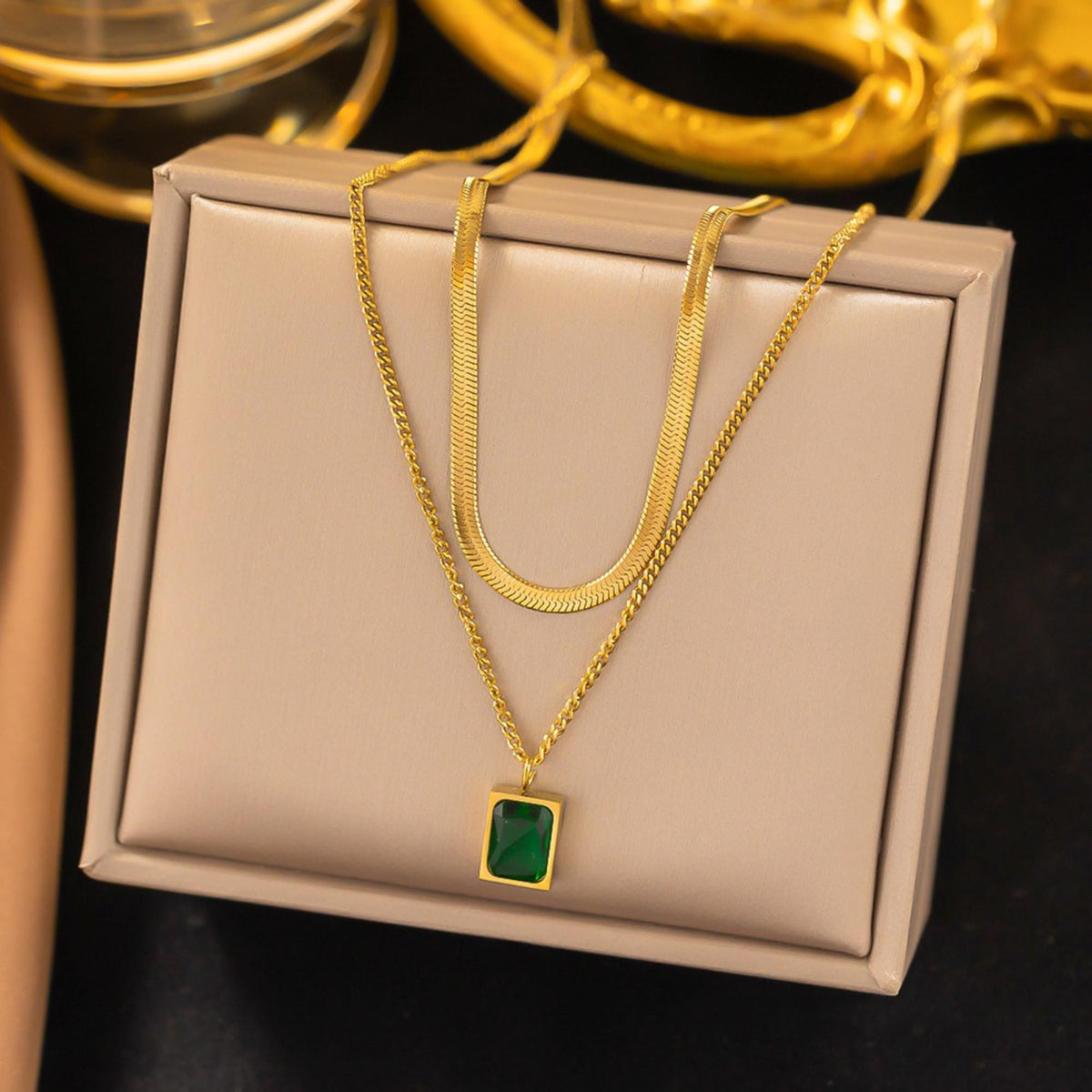 MYKI Esthetic Layered Stainless Steel Necklace (MK796G-GREEN-SSYI)