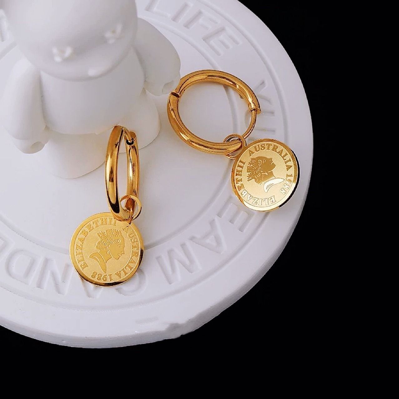 MYKI Gold Plated Coin Drop Hoop Earrings | MYKI (MKERCH1035G-SSYI)