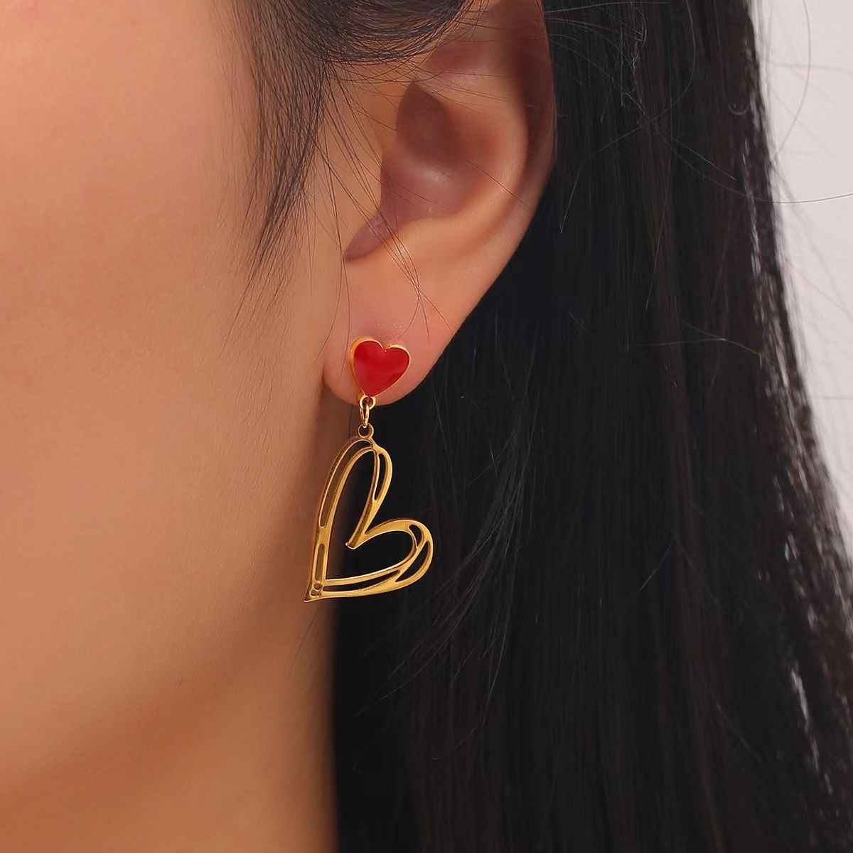 MYKI Gold Plated Red Heart Drop Earrings | Enamel Finish & Anti Tarnish (MKERCH1053G-RED-SSYI)