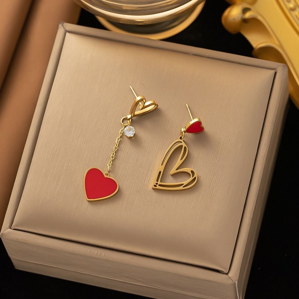 MYKI Gold Plated Red Heart Drop Earrings | Enamel Finish & Anti Tarnish (MKERCH1053G-RED-SSYI)