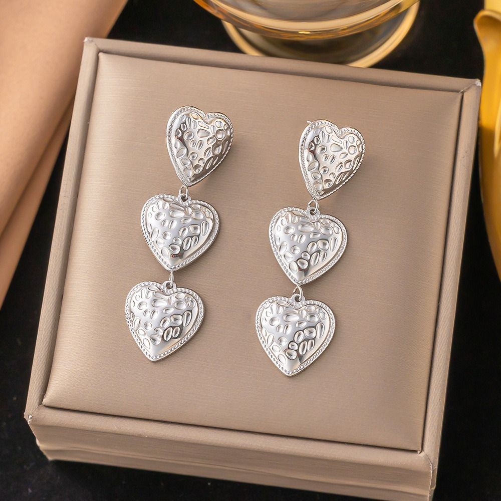 MYKI Silver Plated Triple Heart Drop Earrings | Anti Tarnish Finish (MKERCH1057S-SSYI)