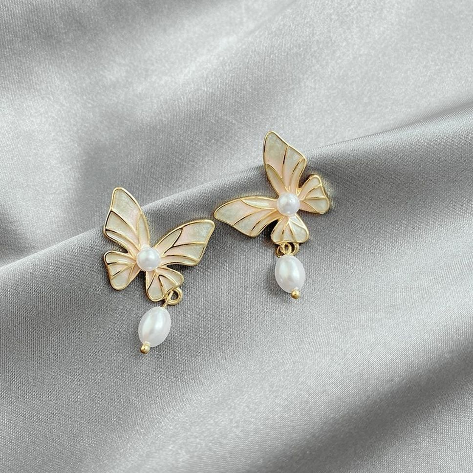 MYKI Butterfly Pearl Korean Dangle Earrings | Gold Plated (MKERCH802PI-ANT) by MYKI | Korean Fashion Jewelry