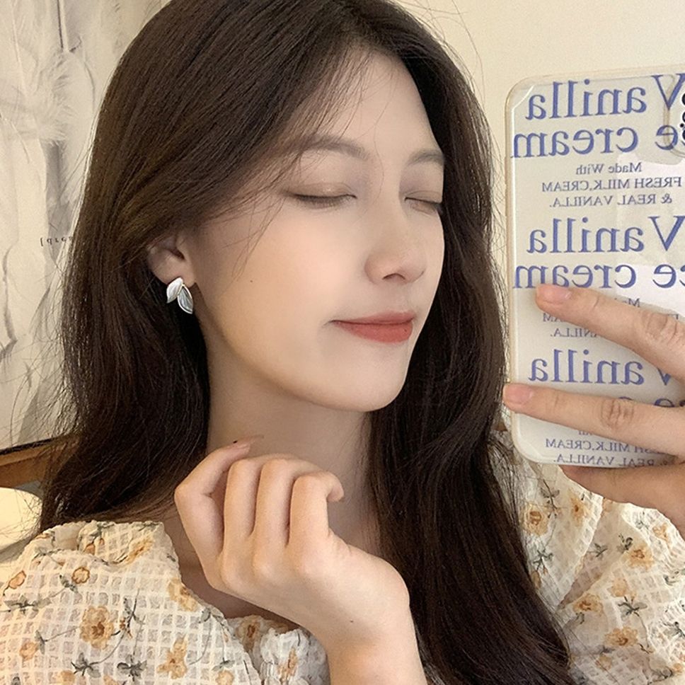 MYKI Silver Leaf Korean Stud Earrings | Elegant Enamel Finish (MKERCH805PI-ANT)