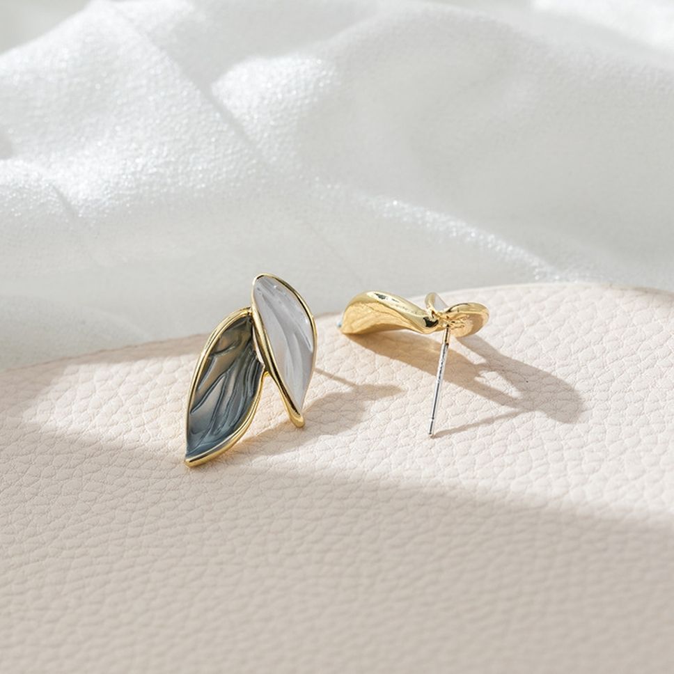 MYKI Silver Leaf Korean Stud Earrings | Elegant Enamel Finish (MKERCH805PI-ANT)