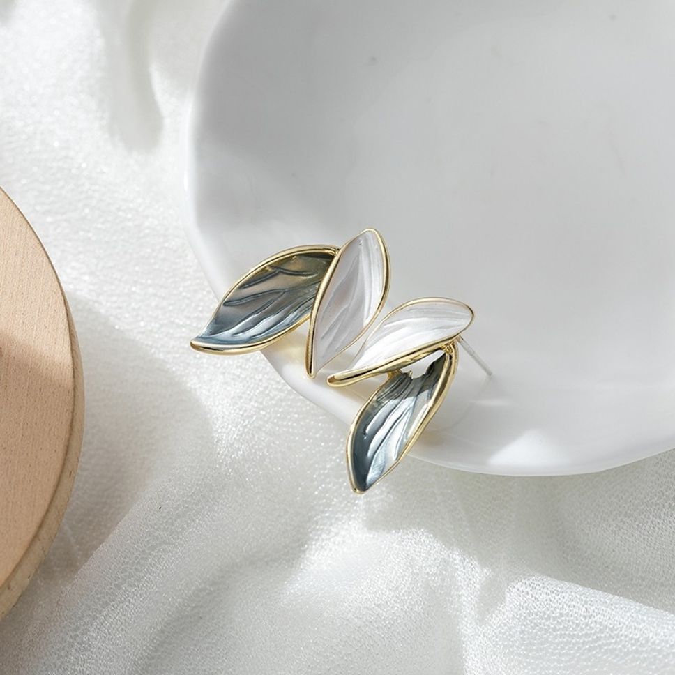 MYKI Silver Leaf Korean Stud Earrings | Elegant Enamel Finish (MKERCH805PI-ANT) by MYKI | Korean Fashion Jewelry