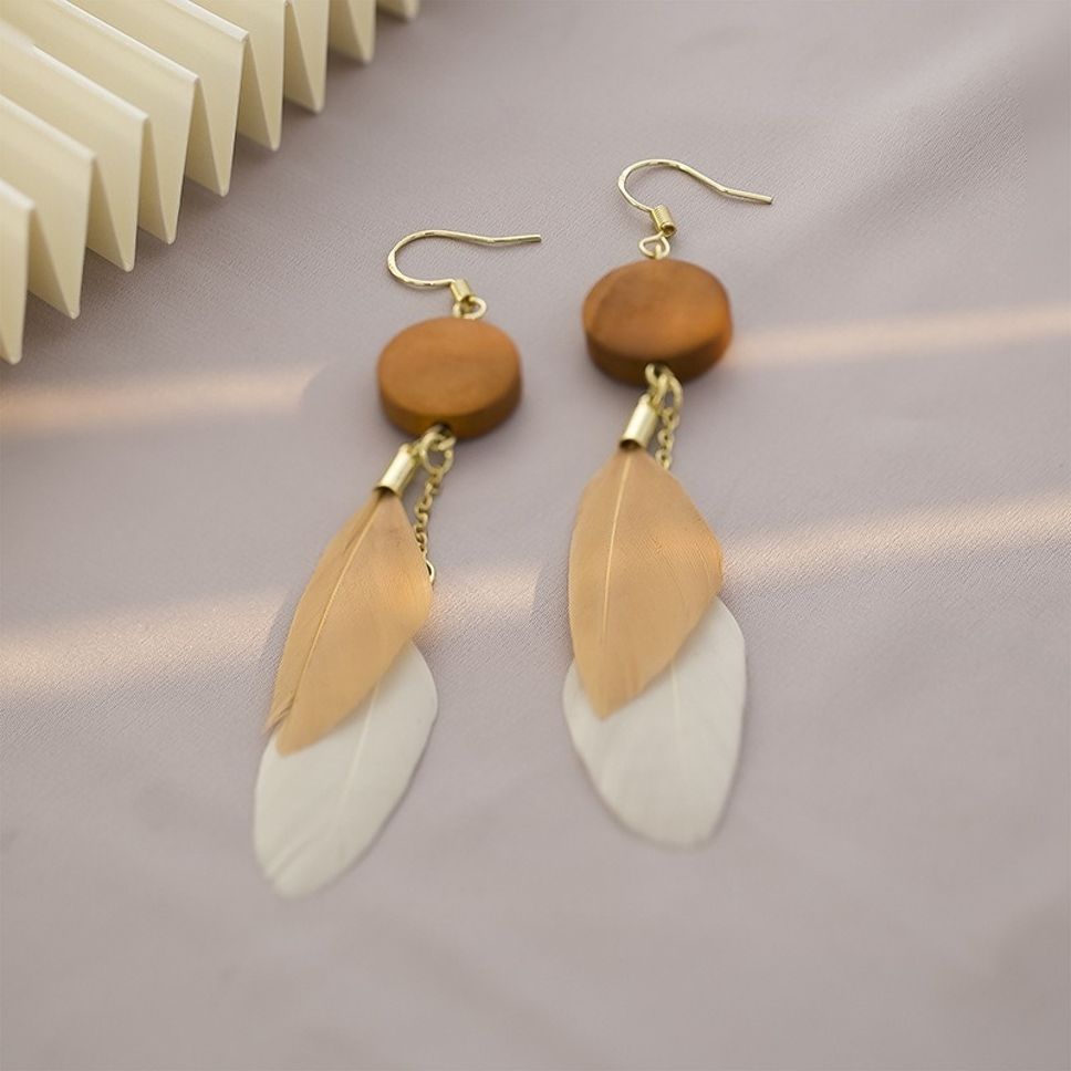 MYKI Beige Feather Korean Long Earrings | Boho Chic Design (MKERCH811PI-ANT) by MYKI | Korean Fashion Jewelry