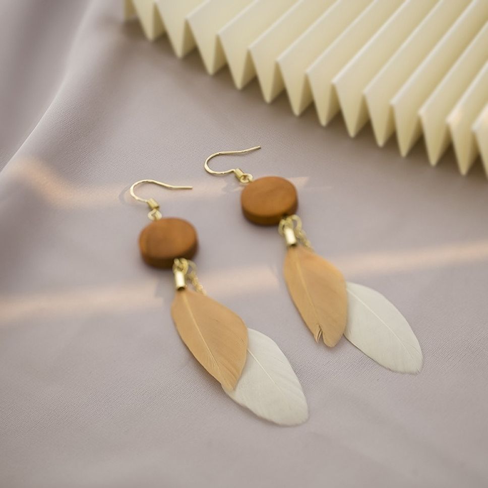 MYKI Beige Feather Korean Long Earrings | Boho Chic Design (MKERCH811PI-ANT)