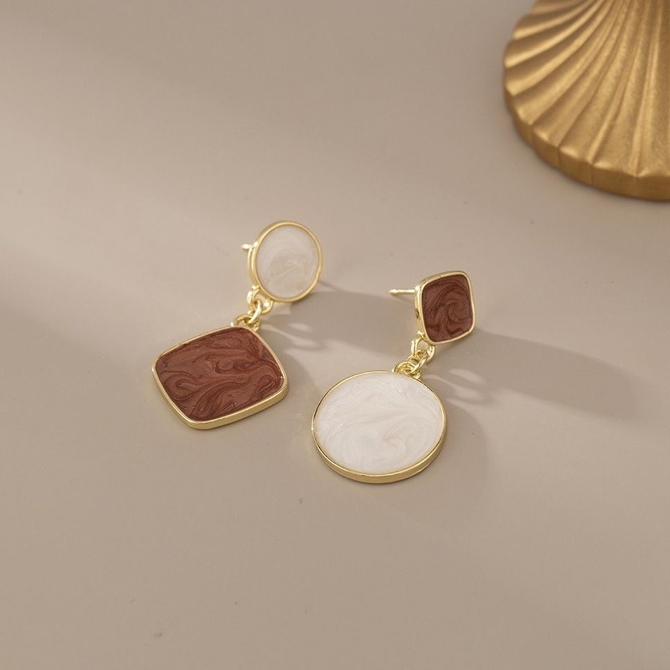MYKI Brown & White Marble Korean Dangle Earrings | Gold Frame (MKERCH814PI-ANT) by MYKI | Korean Fashion Jewelry