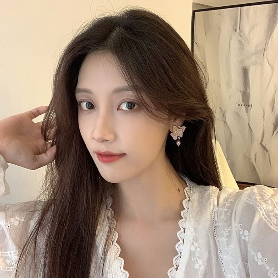 MYKI Pink Butterfly Korean Dangle Earrings | Pearl Accent Design (MKERCH819PI-ANT)