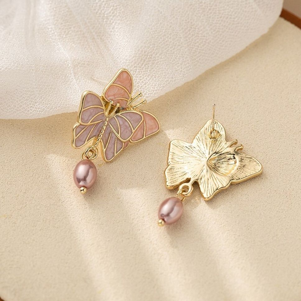 MYKI Pink Butterfly Korean Dangle Earrings | Pearl Accent Design (MKERCH819PI-ANT) by MYKI | Korean Fashion Jewelry