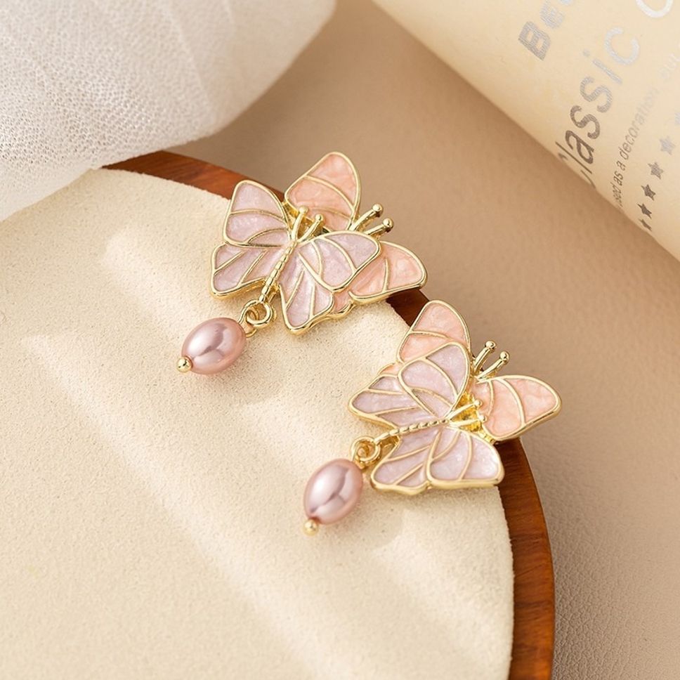 MYKI Pink Butterfly Korean Dangle Earrings | Pearl Accent Design (MKERCH819PI-ANT)