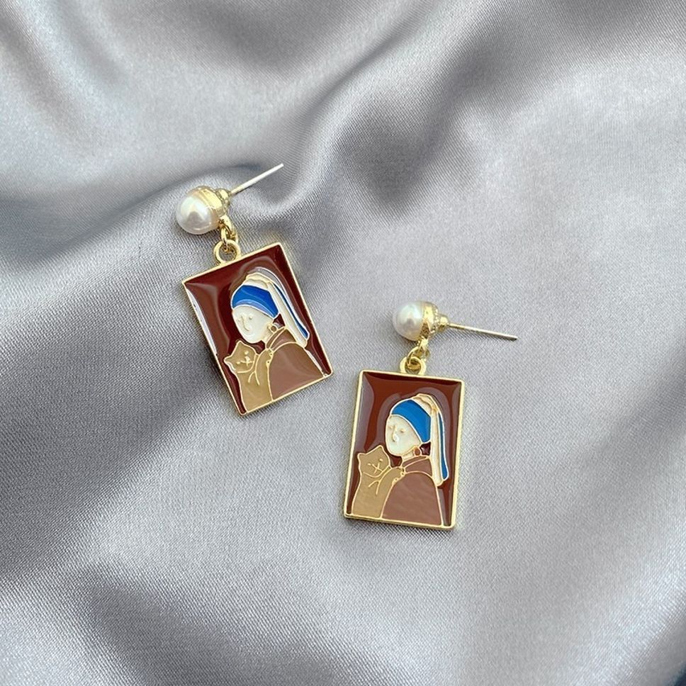 MYKI Art Portrait Korean Enamel Earrings | Pearl Drop Design (MKERCH820PI-ANT) by MYKI | Korean Fashion Jewelry