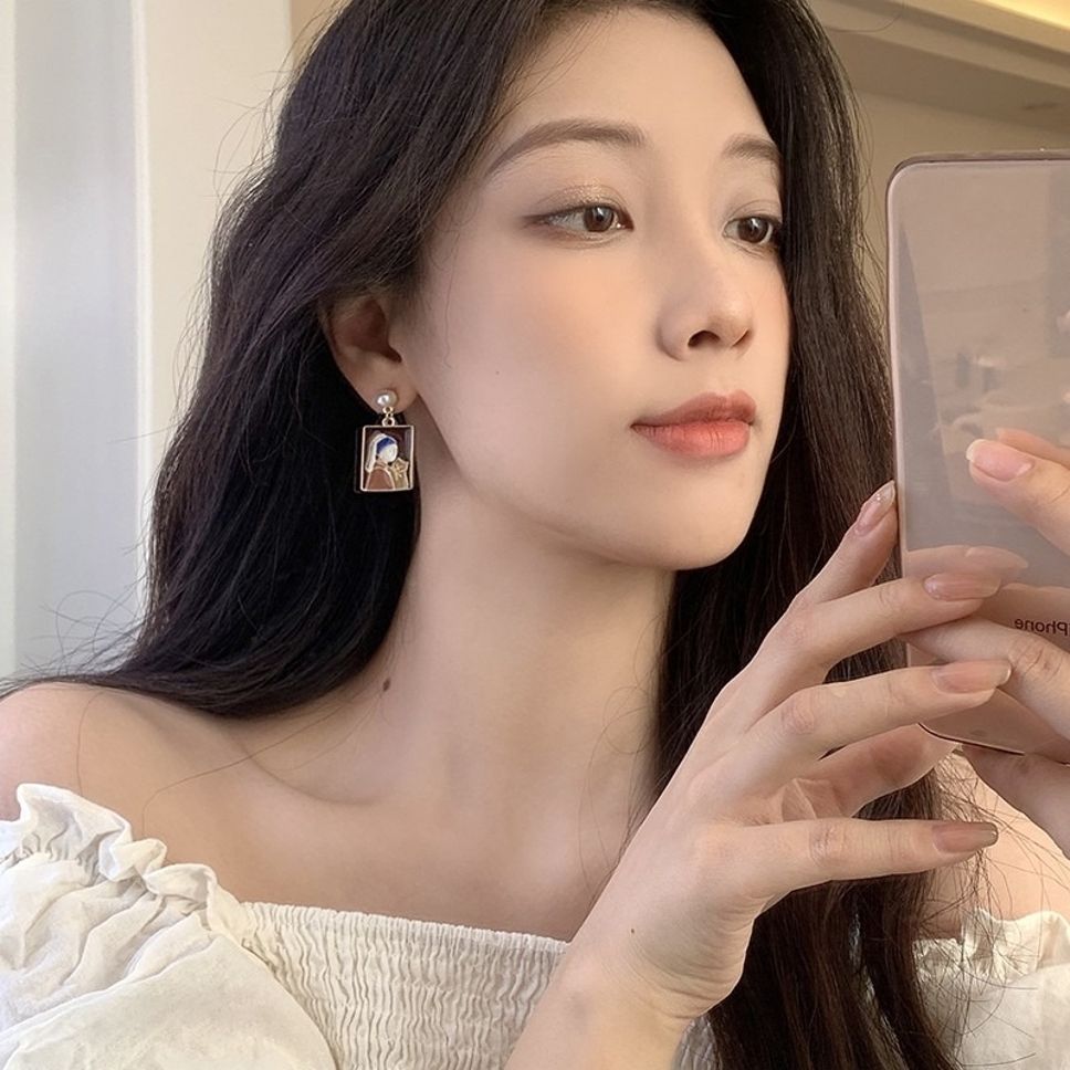 MYKI Art Portrait Korean Enamel Earrings | Pearl Drop Design (MKERCH820PI-ANT)