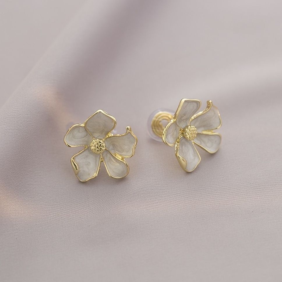MYKI White Floral Korean Stud Earrings | Gold Outline Design (MKERCH822PI-ANT) by MYKI | Korean Fashion Jewelry