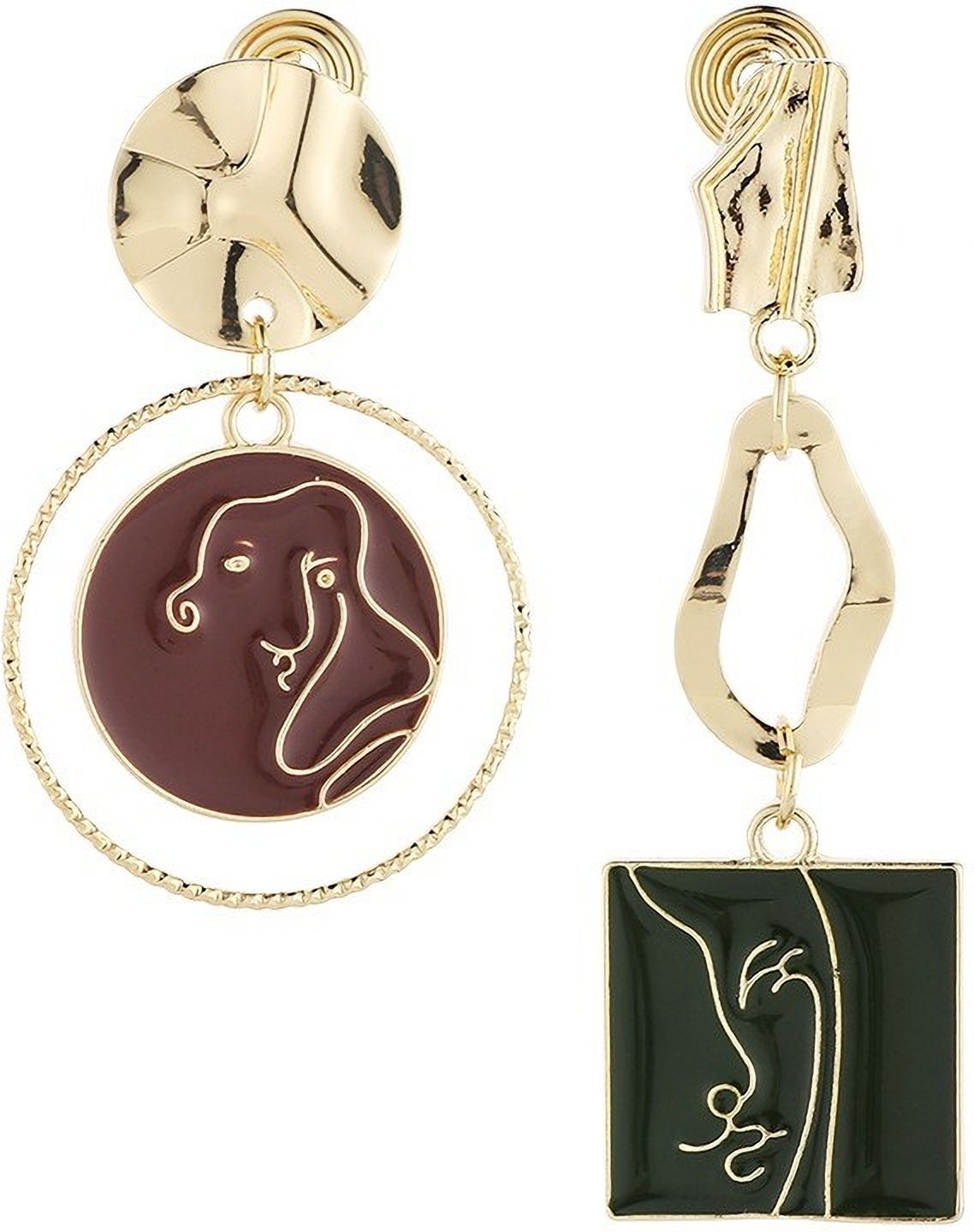 MYKI Abstract Face Korean Mismatch Earrings | Green & Brown Enamel (MKERCH823PI-ANT)