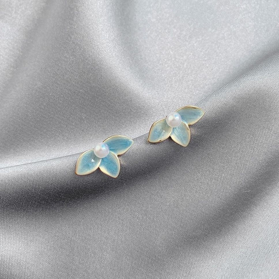 MYKI Blue Petal Pearl Korean Stud Earrings | Gold Plated Enamel Finish (MKERCH824PI-ANT) by MYKI | Korean Fashion Jewelry