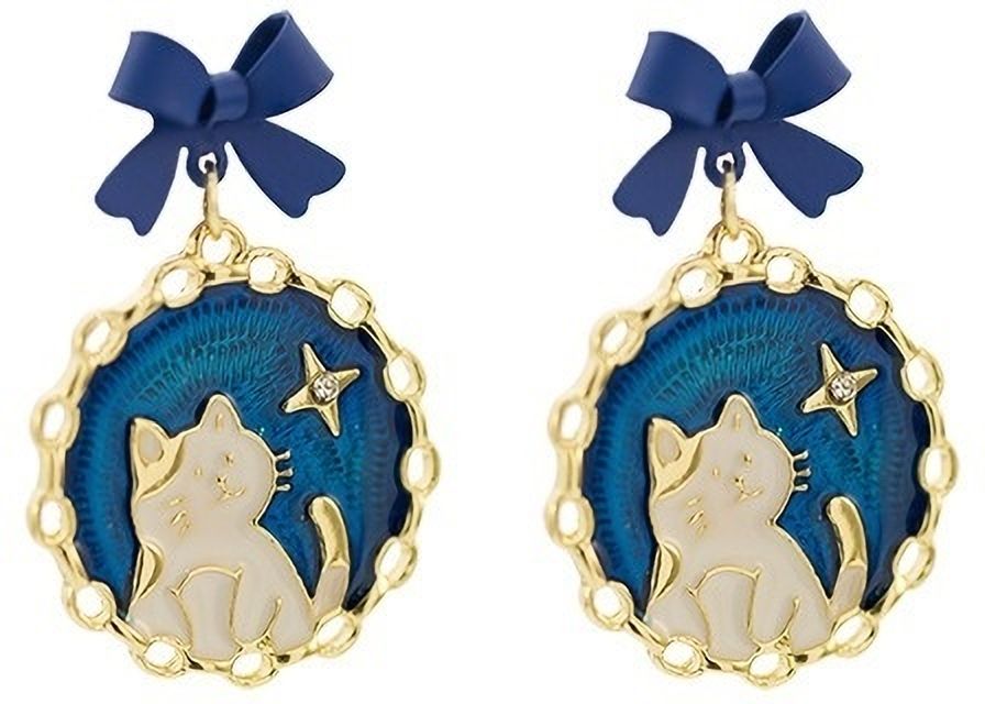 MYKI Blue Bow Cat Korean Dangle Earrings | Enamel Gold Finish (MKERCH830PI-ANT)