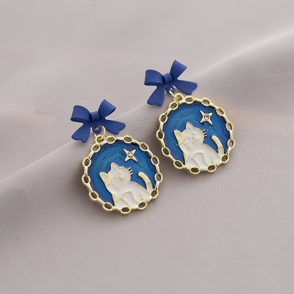 MYKI Blue Bow Cat Korean Dangle Earrings | Enamel Gold Finish (MKERCH830PI-ANT)